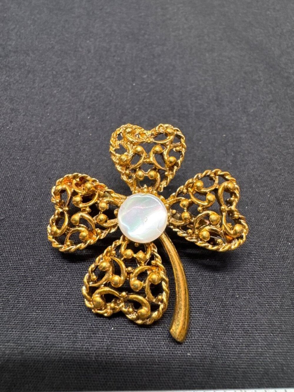 Vintage Gold-Tone Four-Leaf Clover Brooch Faux Opal Center Filigree Design Luck-